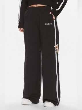 Guess Black Track Pants with White Side Stripes & Floral Accent